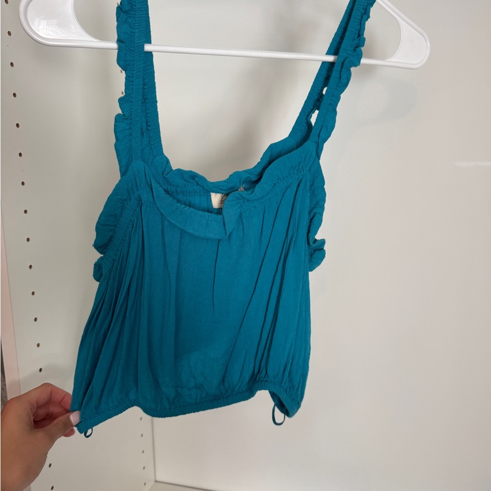 Elan Blue Ruched Ruffled Tank Top